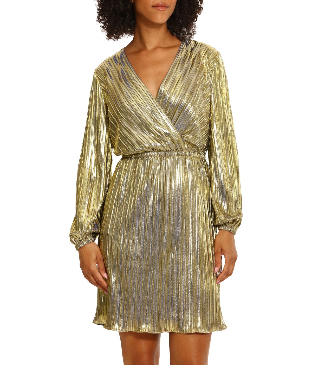 Pleated Long Sleeve Knee Length Dress Gold