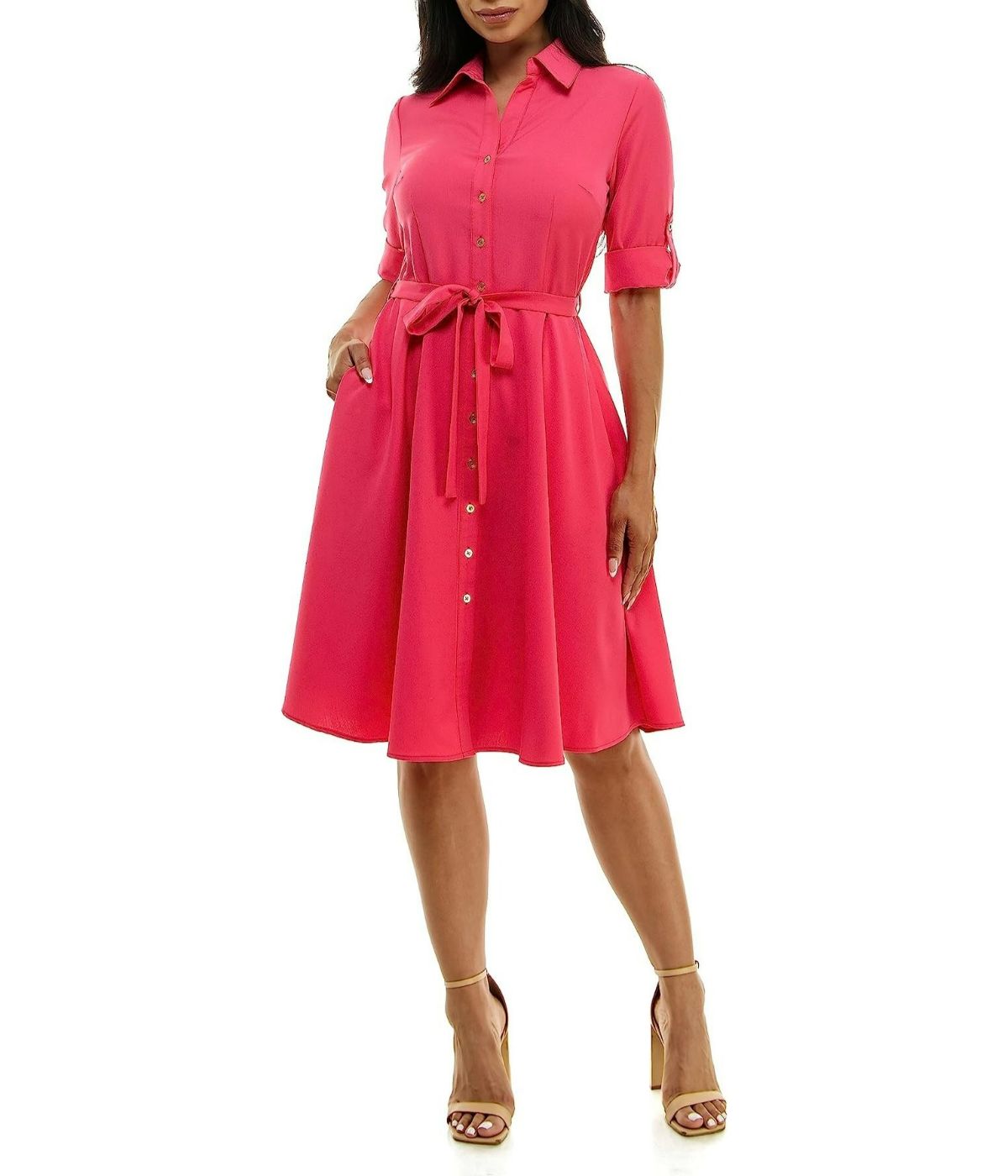 3/4 Sleeve Button To Hem Sharkskin Shirtdress Monticello Rose