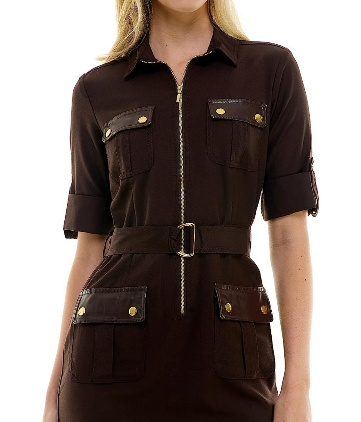 Four Pocket Sharkskin Shirtdress with Pleather Trim Espresso