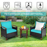 3 Piece Rattan Chair Set with Wooden Frame and Table