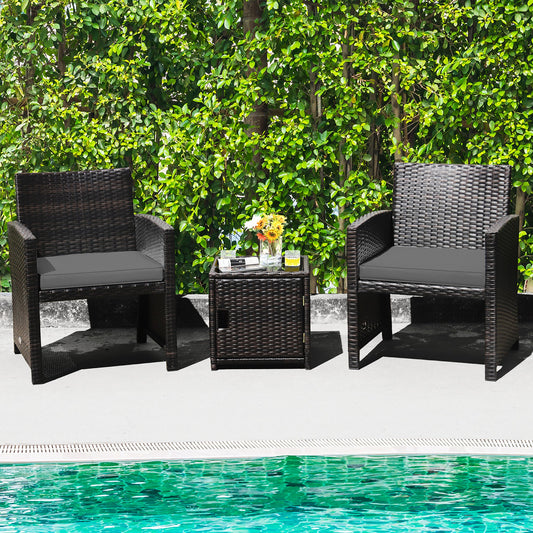 3 Piece Brown Wicker Chair Set with Storage Table