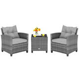 3 Piece Gray Rattan Cushioned Bistro Set