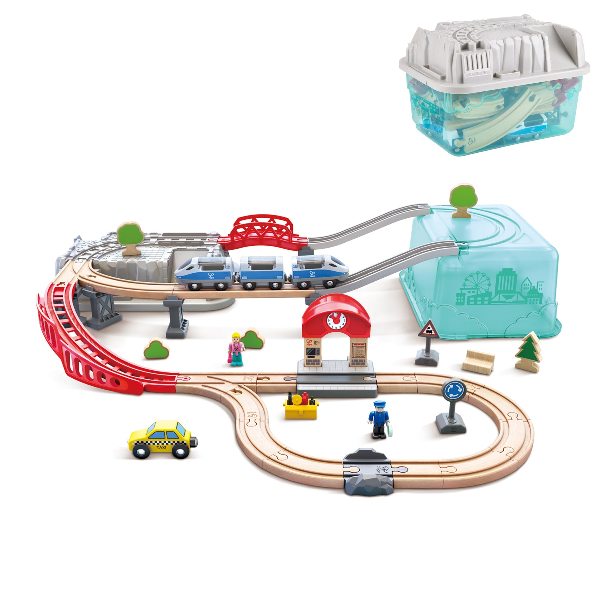 Hape Wooden City Train Railway Bucket Playset, 48 Pieces