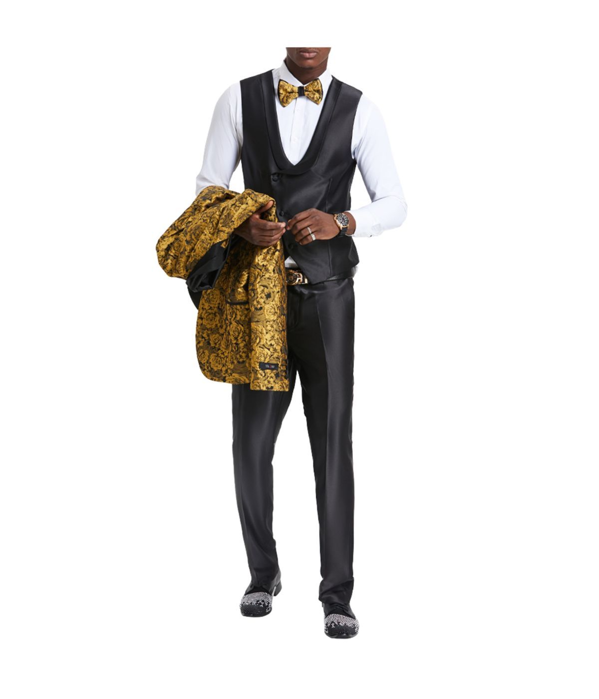 Men's Three Piece Satin Shawl Collar Suit With Double Breasted Vest Gold / Black