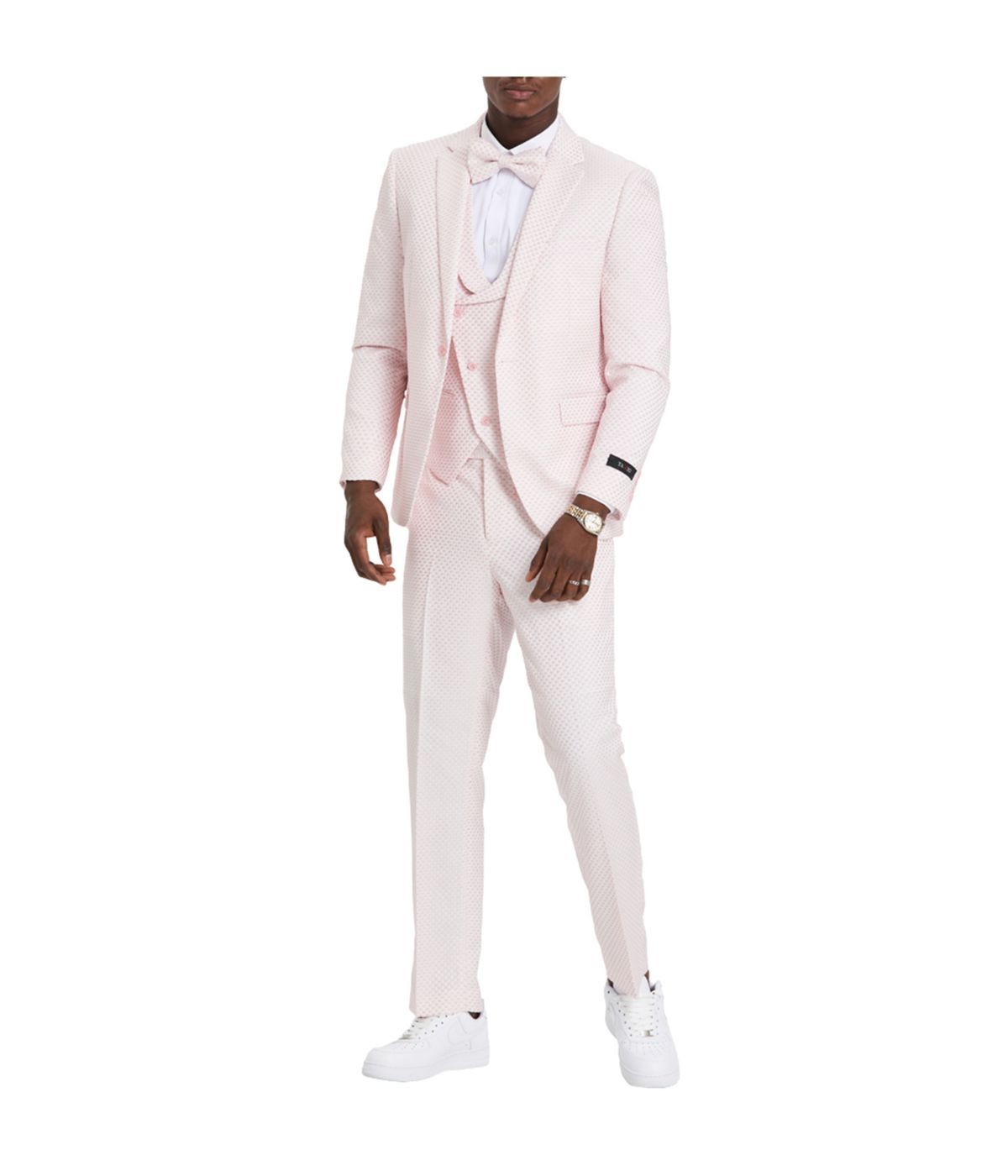 Men's One Button Polka Dot Suit With Matching Vest, Pants, & Bowtie Pink