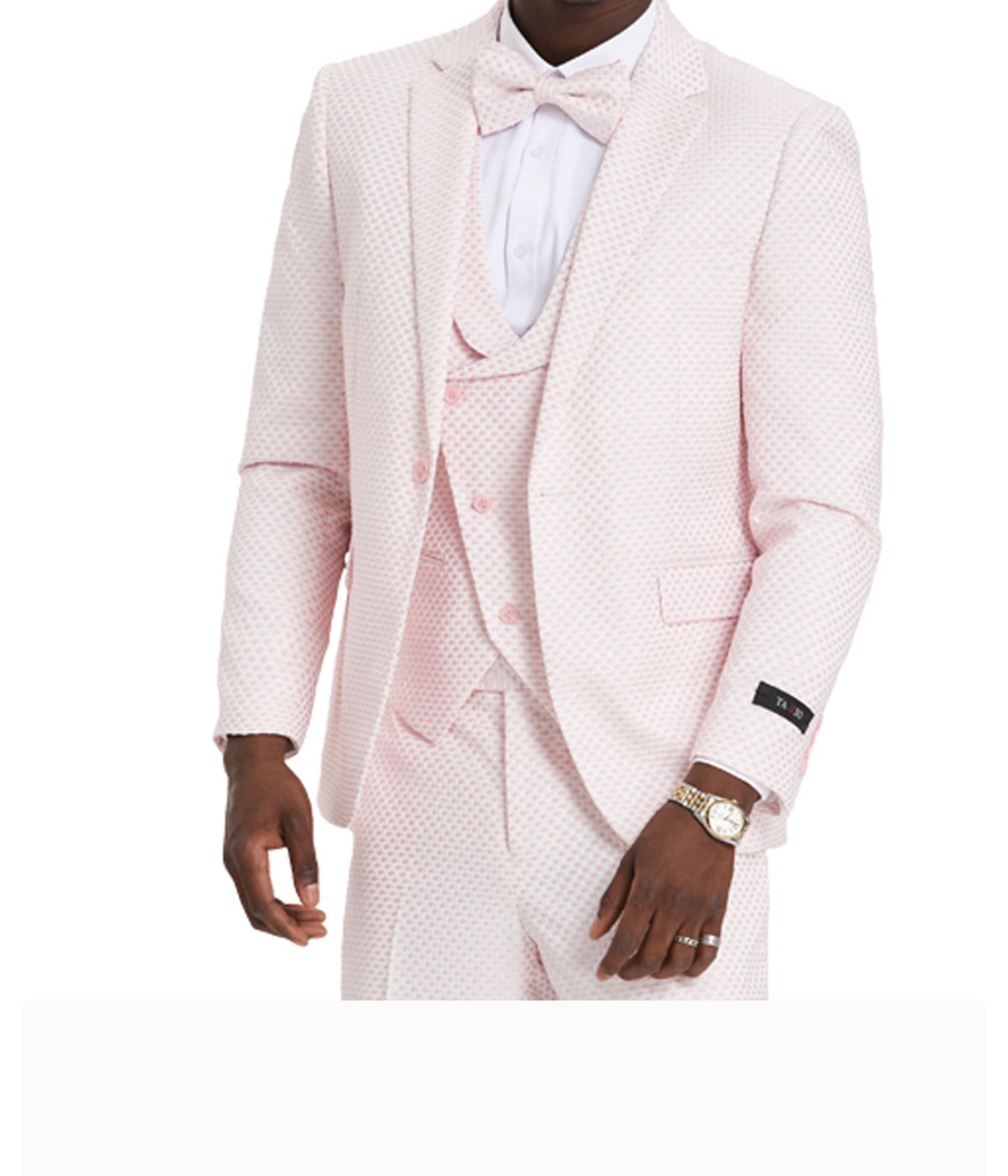 Men's One Button Polka Dot Suit With Matching Vest, Pants, & Bowtie Pink