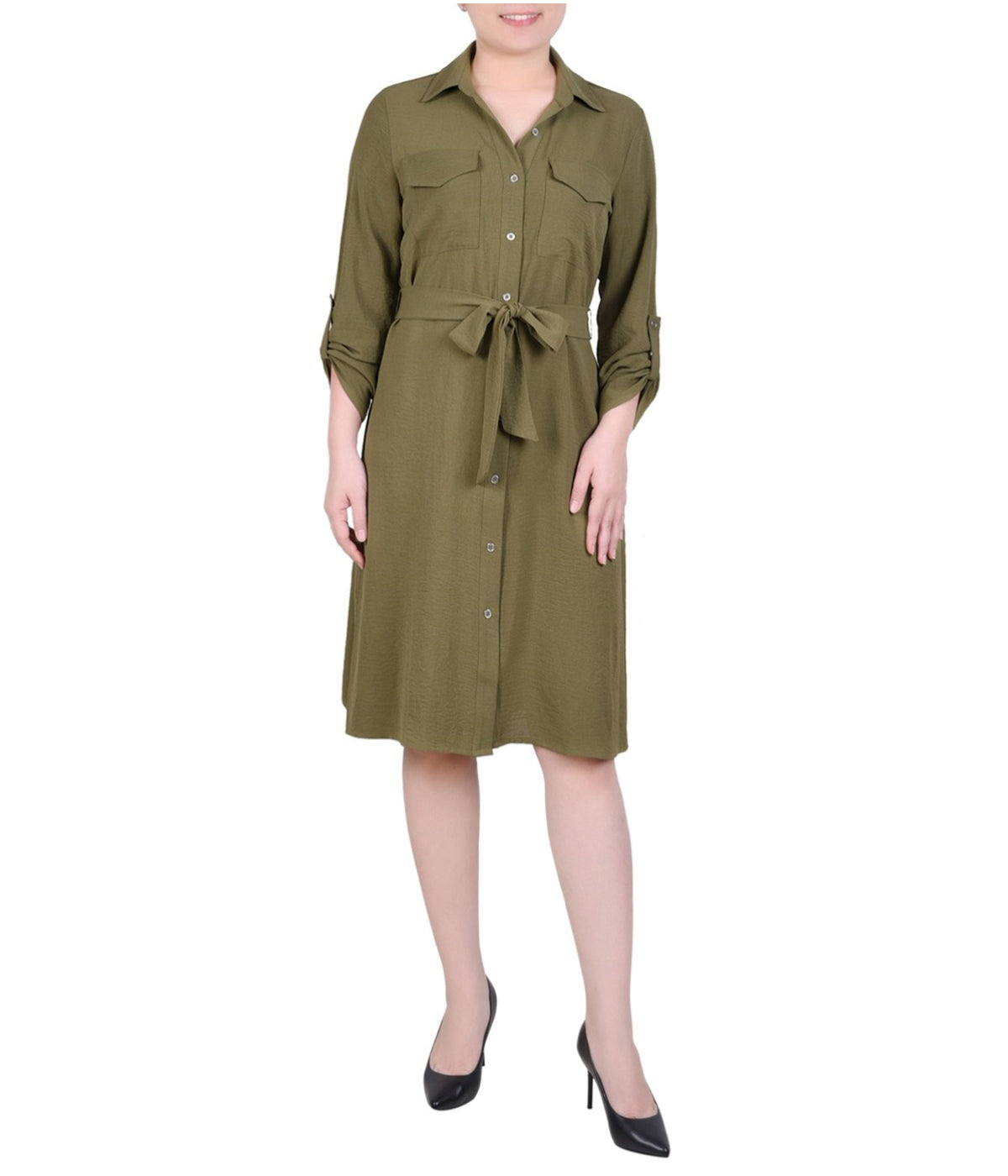 Petite Long Roll Tab Sleeve Shirt Dress