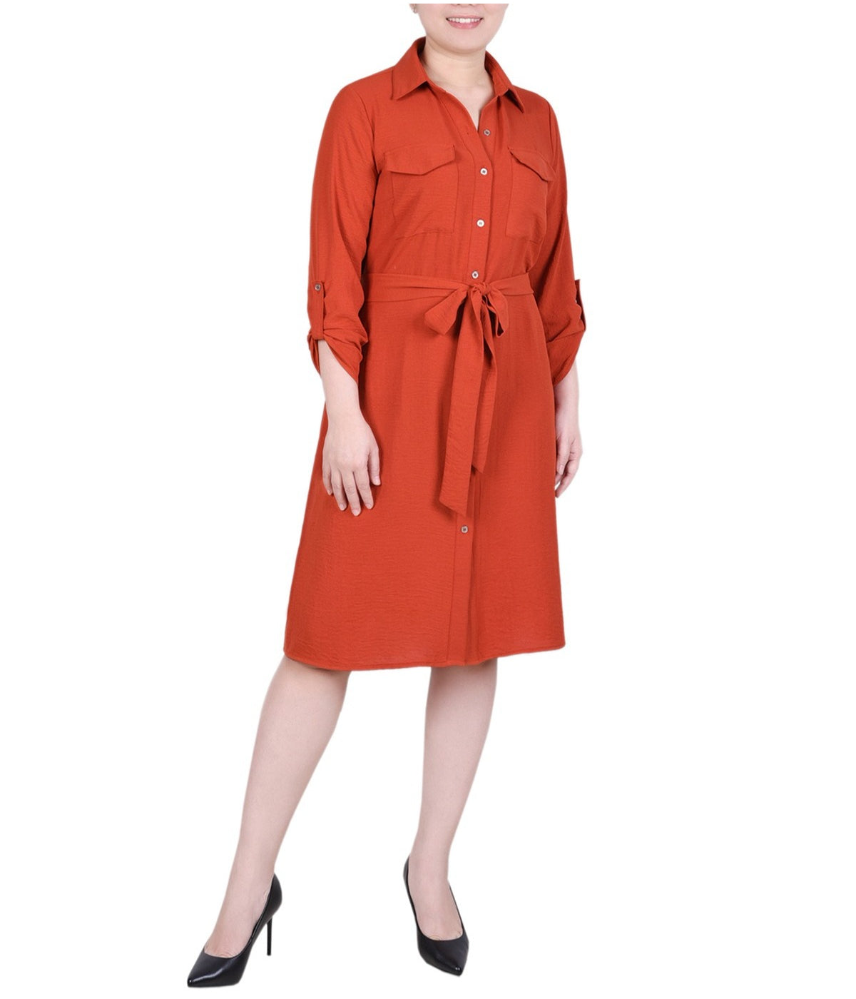 Petite Long Roll Tab Sleeve Shirt Dress