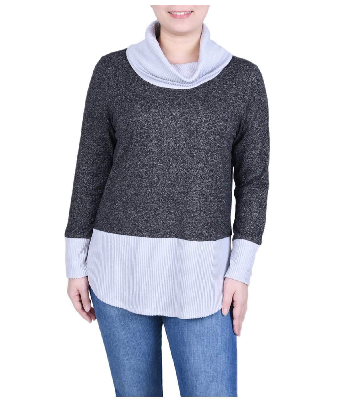 Petite Long Sleeve Cowl Neck Colorblocked Top