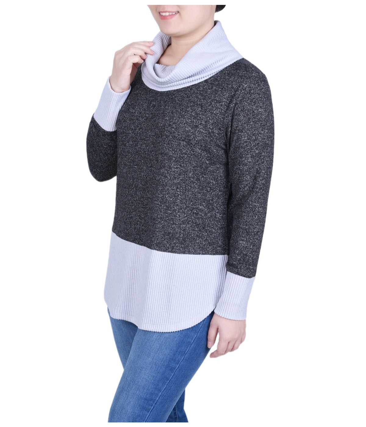 Petite Long Sleeve Cowl Neck Colorblocked Top