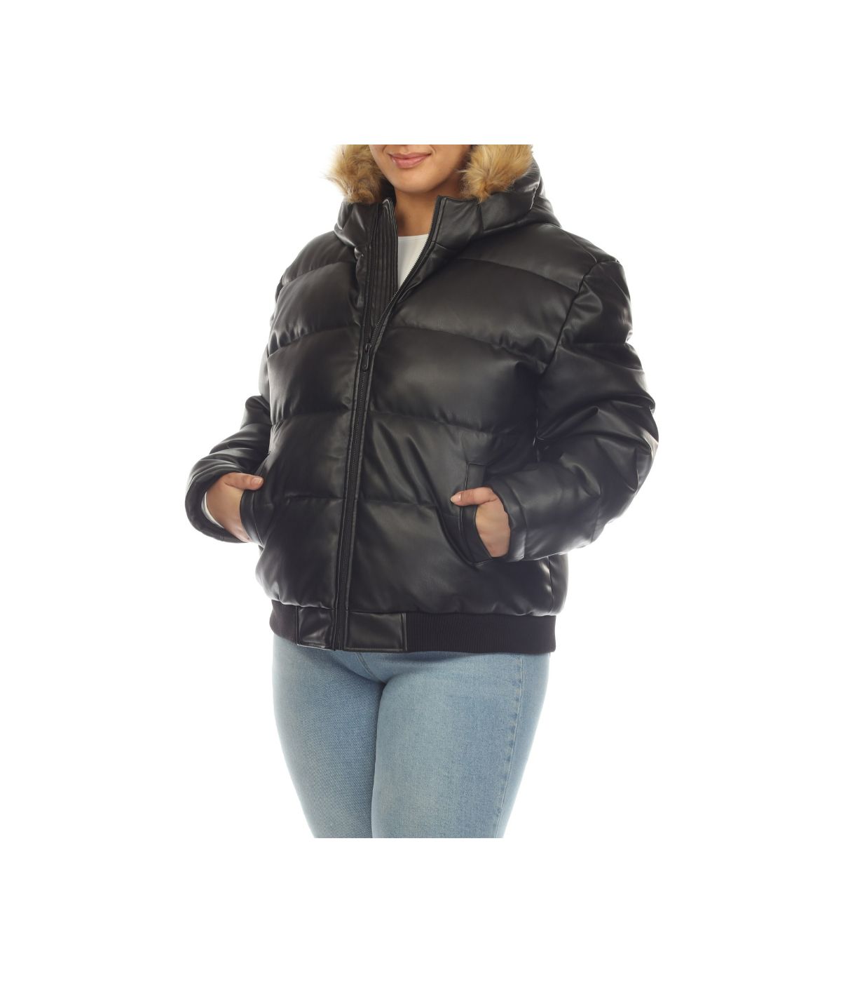 Plus Size Women's Removable Fur Hoodie Bomber Leather Jacket Black