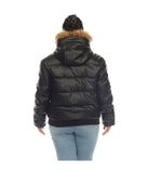 Plus Size Women's Removable Fur Hoodie Bomber Leather Jacket Black