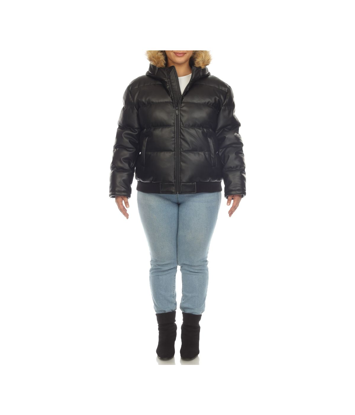 Plus Size Women's Removable Fur Hoodie Bomber Leather Jacket Black