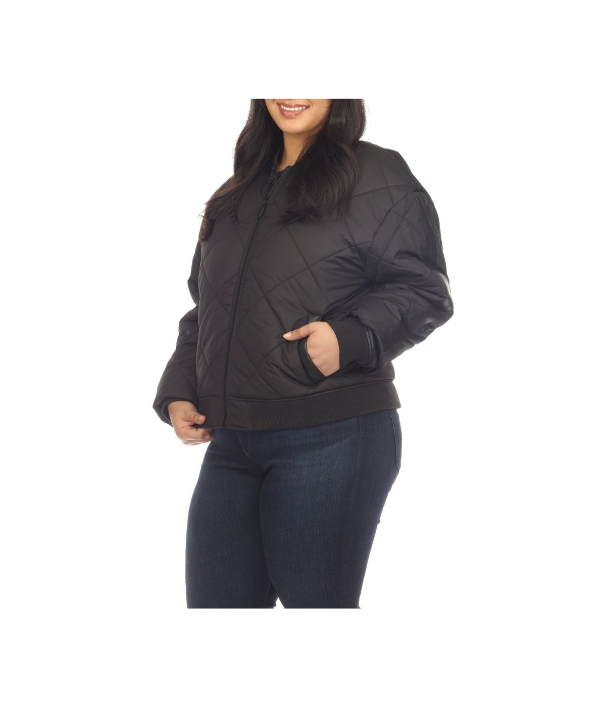 Plus Size Lightweight Diamond Quilted Puffer Bomber Jacket Black