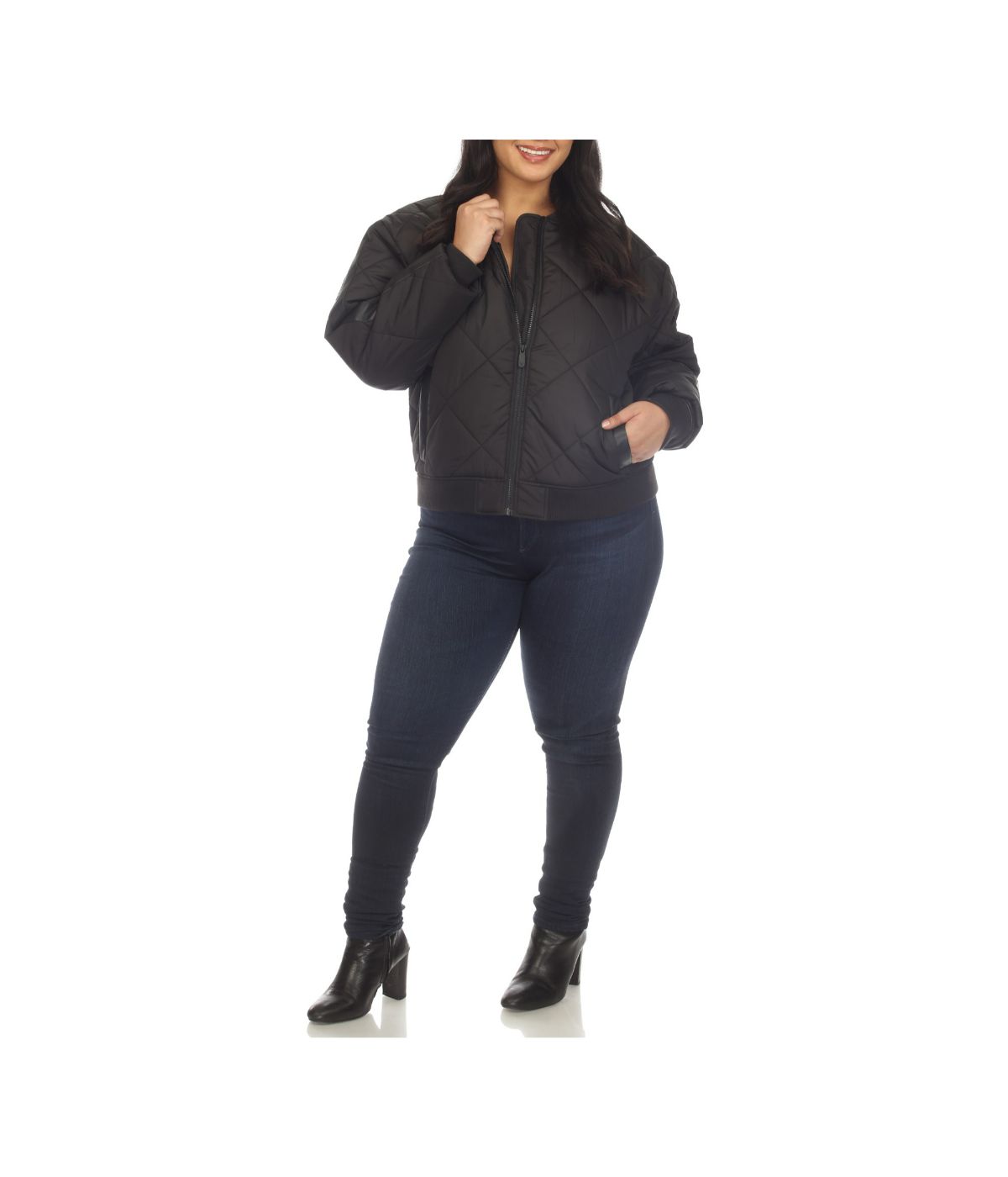 Plus Size Lightweight Diamond Quilted Puffer Bomber Jacket Black