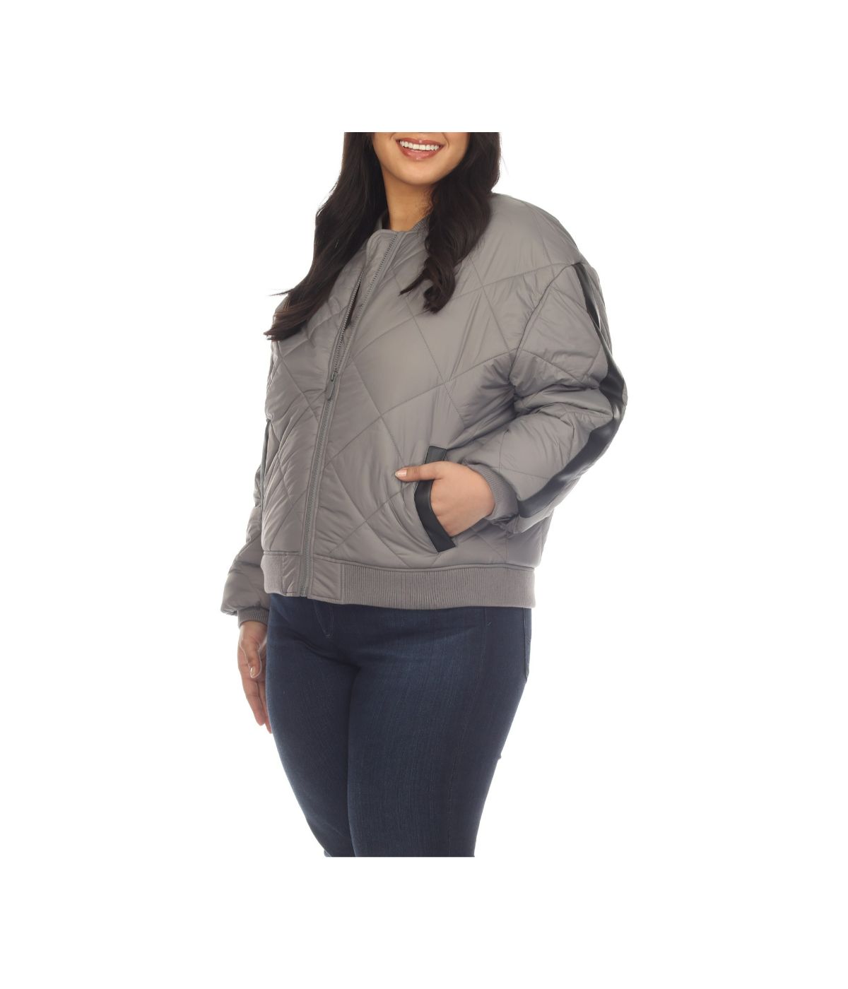 Plus Size Lightweight Diamond Quilted Puffer Bomber Jacket Grey