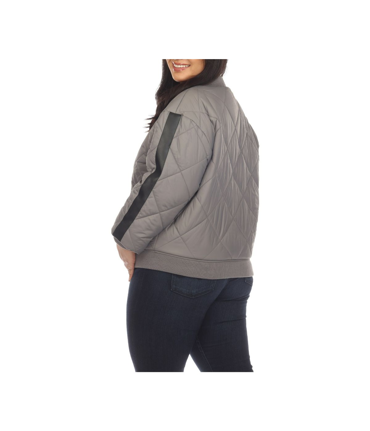 Plus Size Lightweight Diamond Quilted Puffer Bomber Jacket Grey