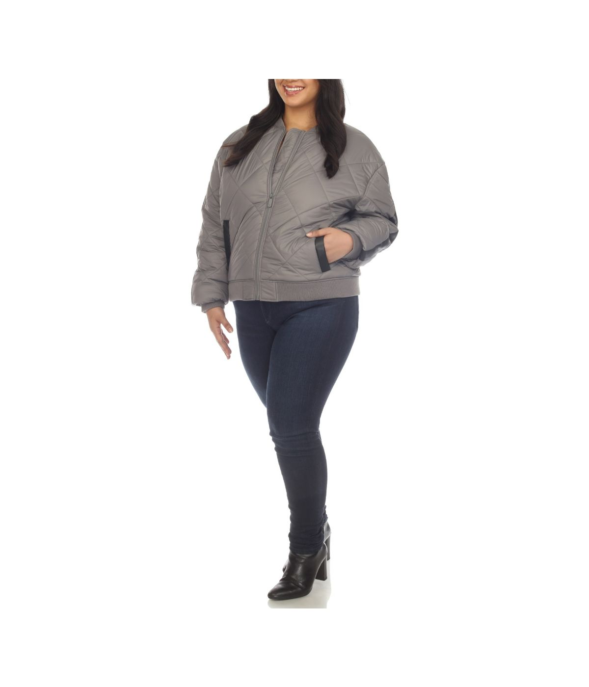 Plus Size Lightweight Diamond Quilted Puffer Bomber Jacket Grey