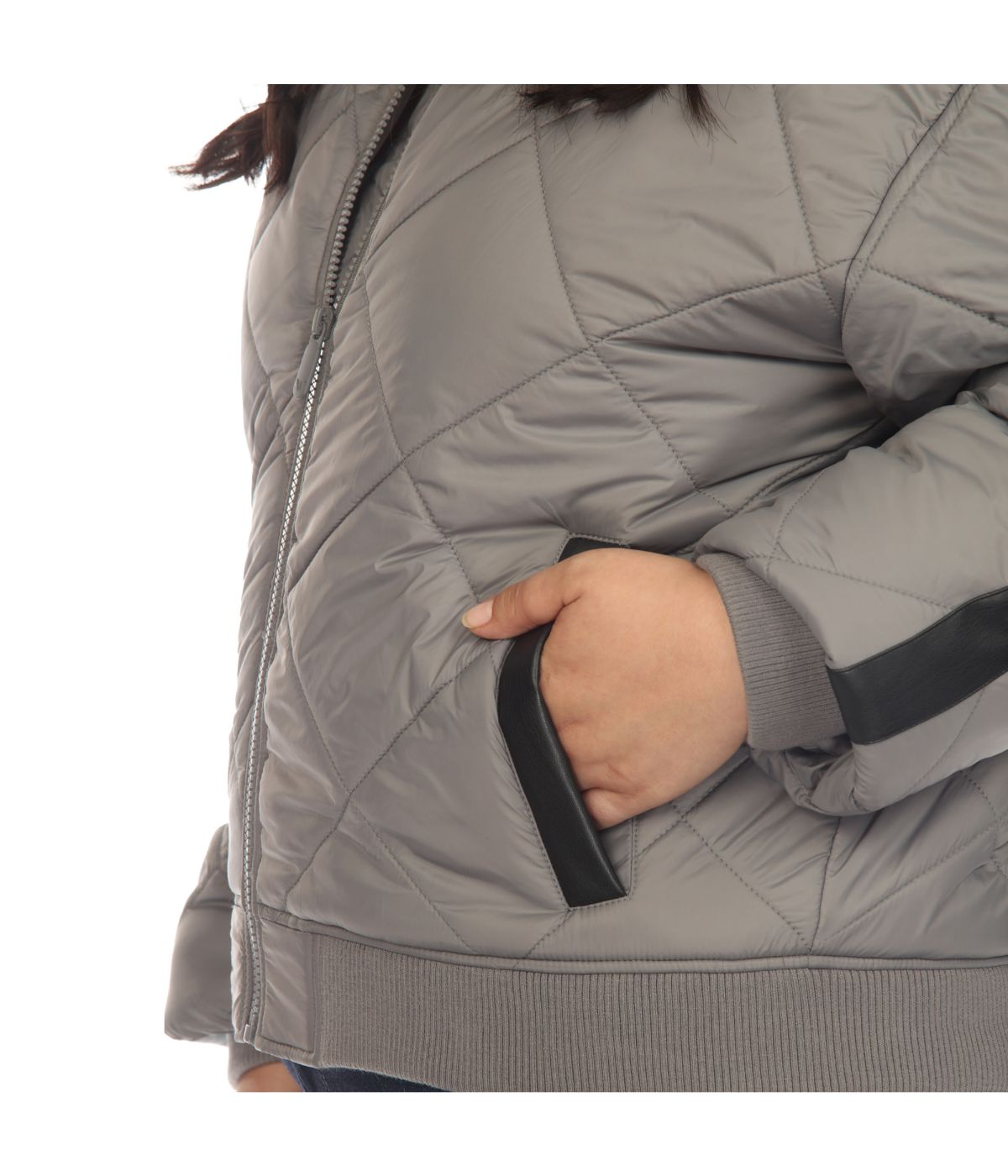 Plus Size Lightweight Diamond Quilted Puffer Bomber Jacket Grey