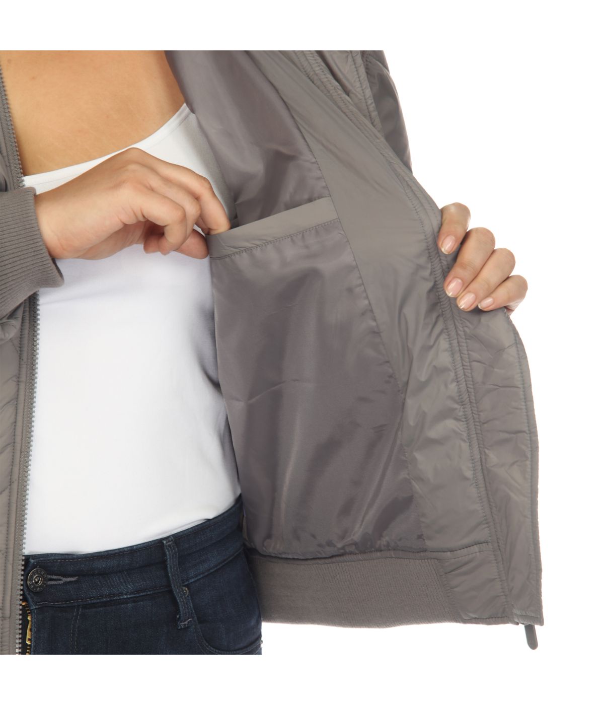 Plus Size Lightweight Diamond Quilted Puffer Bomber Jacket Grey