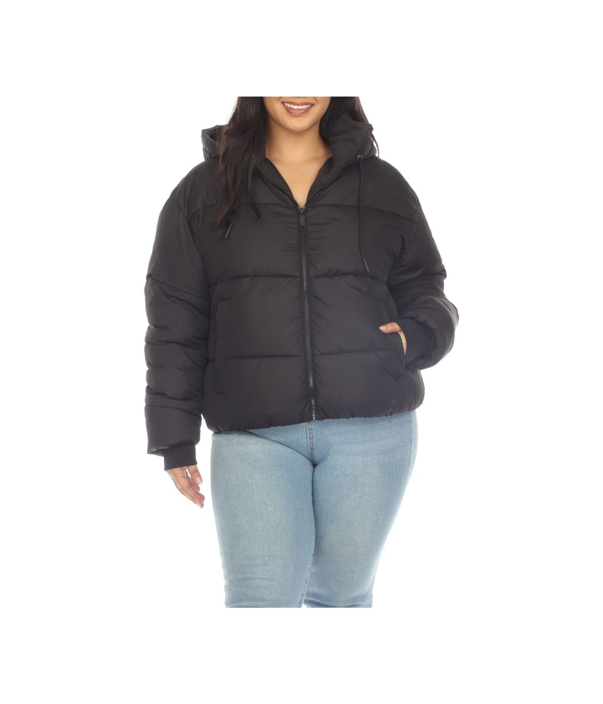 Plus Size Full Front Zip Hooded Bomber Puffer Coat Black