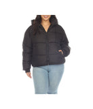 Plus Size Full Front Zip Hooded Bomber Puffer Coat Black