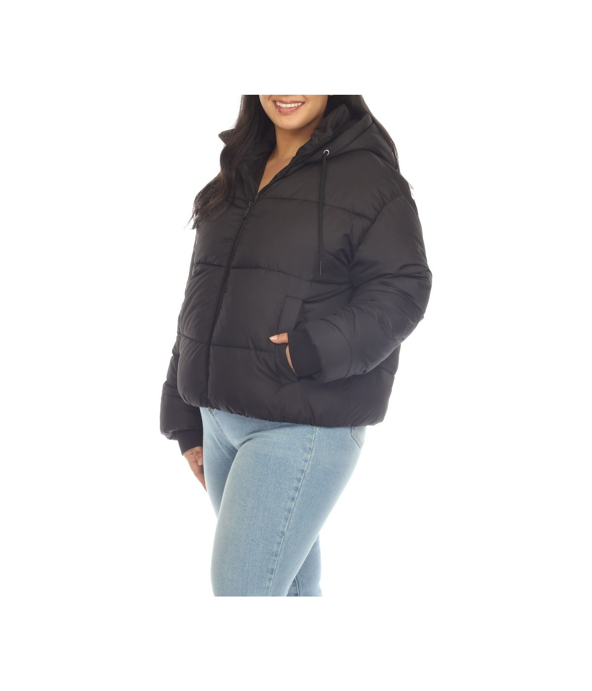 Plus Size Full Front Zip Hooded Bomber Puffer Coat Black