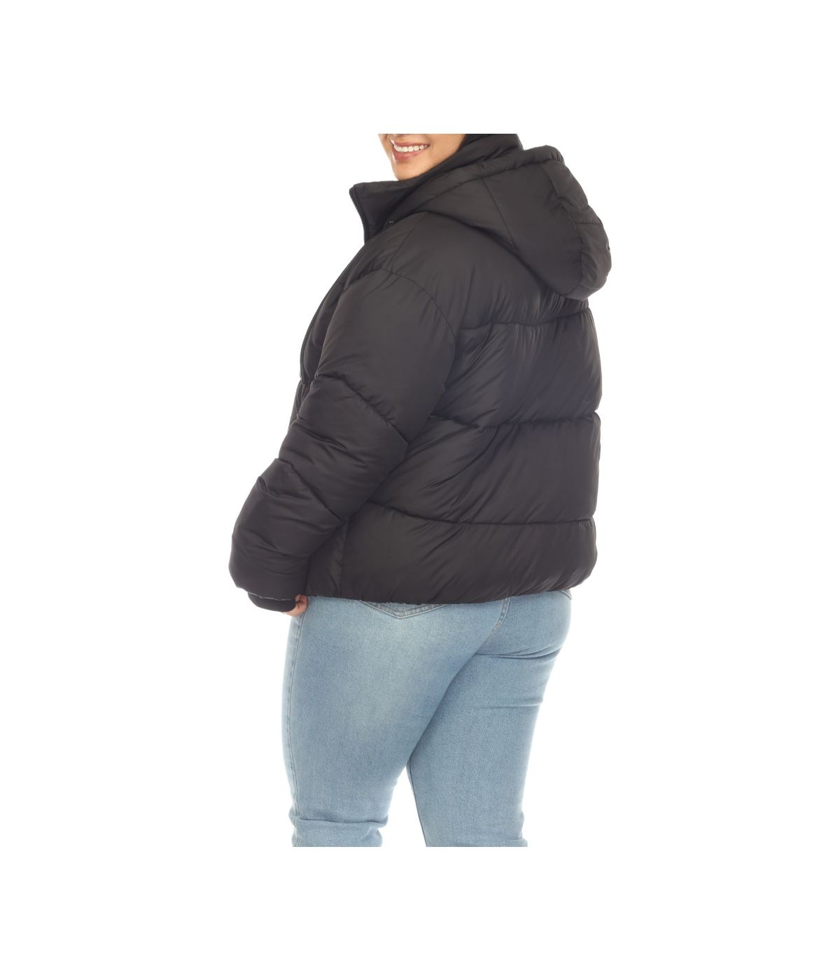 Plus Size Full Front Zip Hooded Bomber Puffer Coat Black