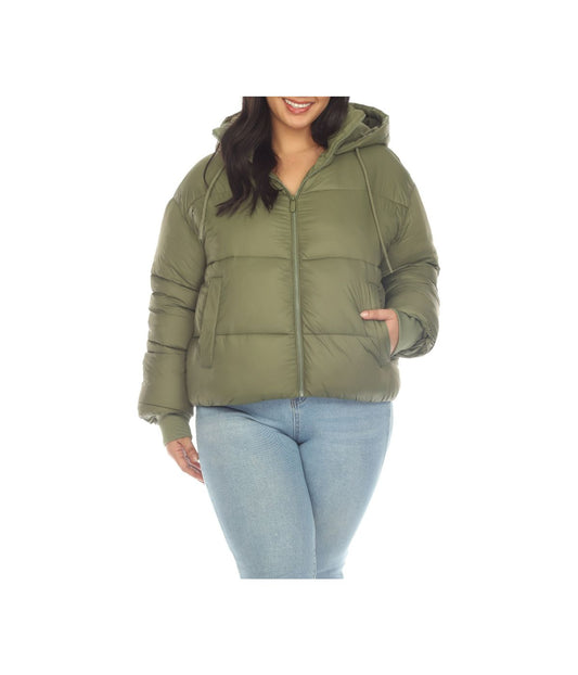 Plus Size Full Front Zip Hooded Bomber Puffer Coat Olive