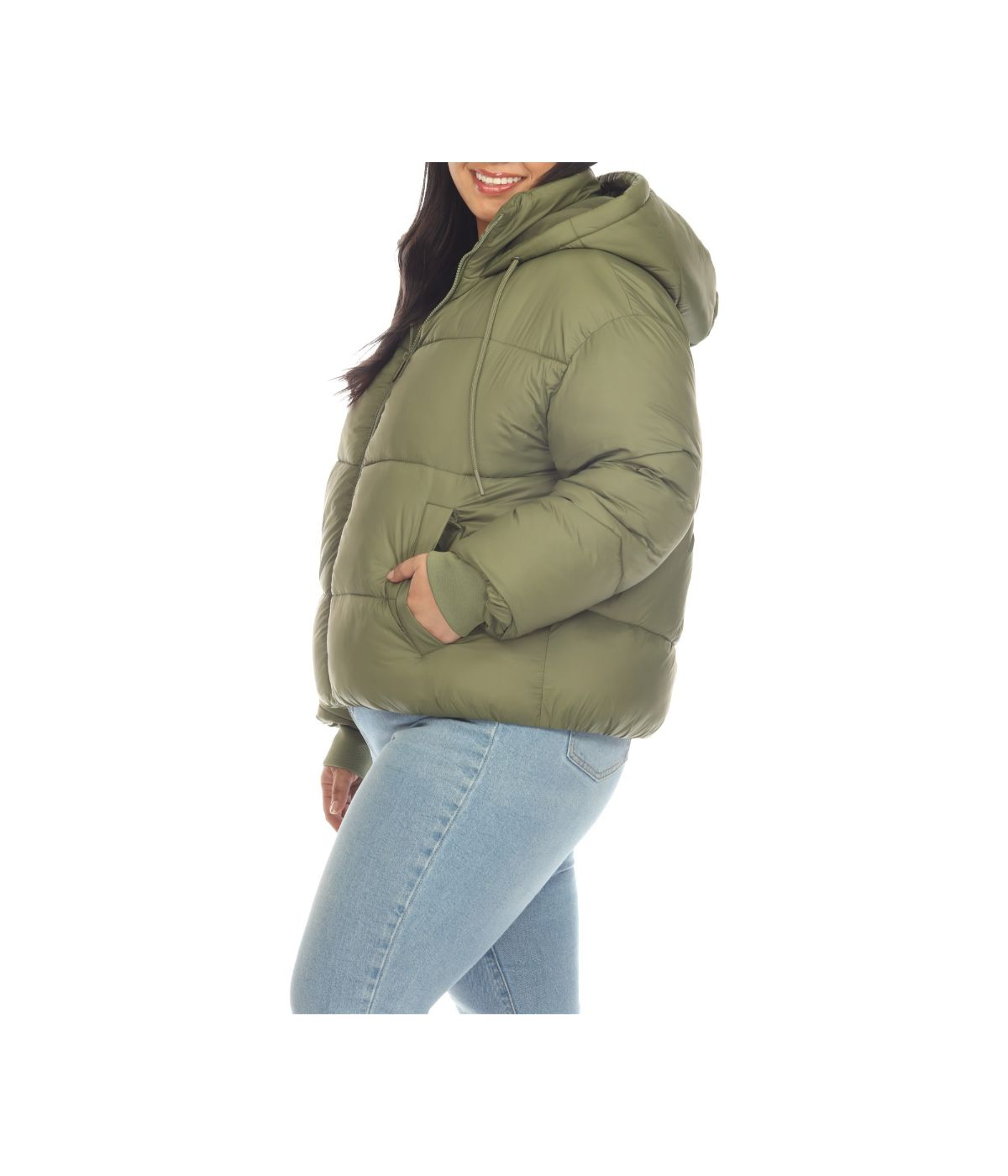 Plus Size Full Front Zip Hooded Bomber Puffer Coat Olive