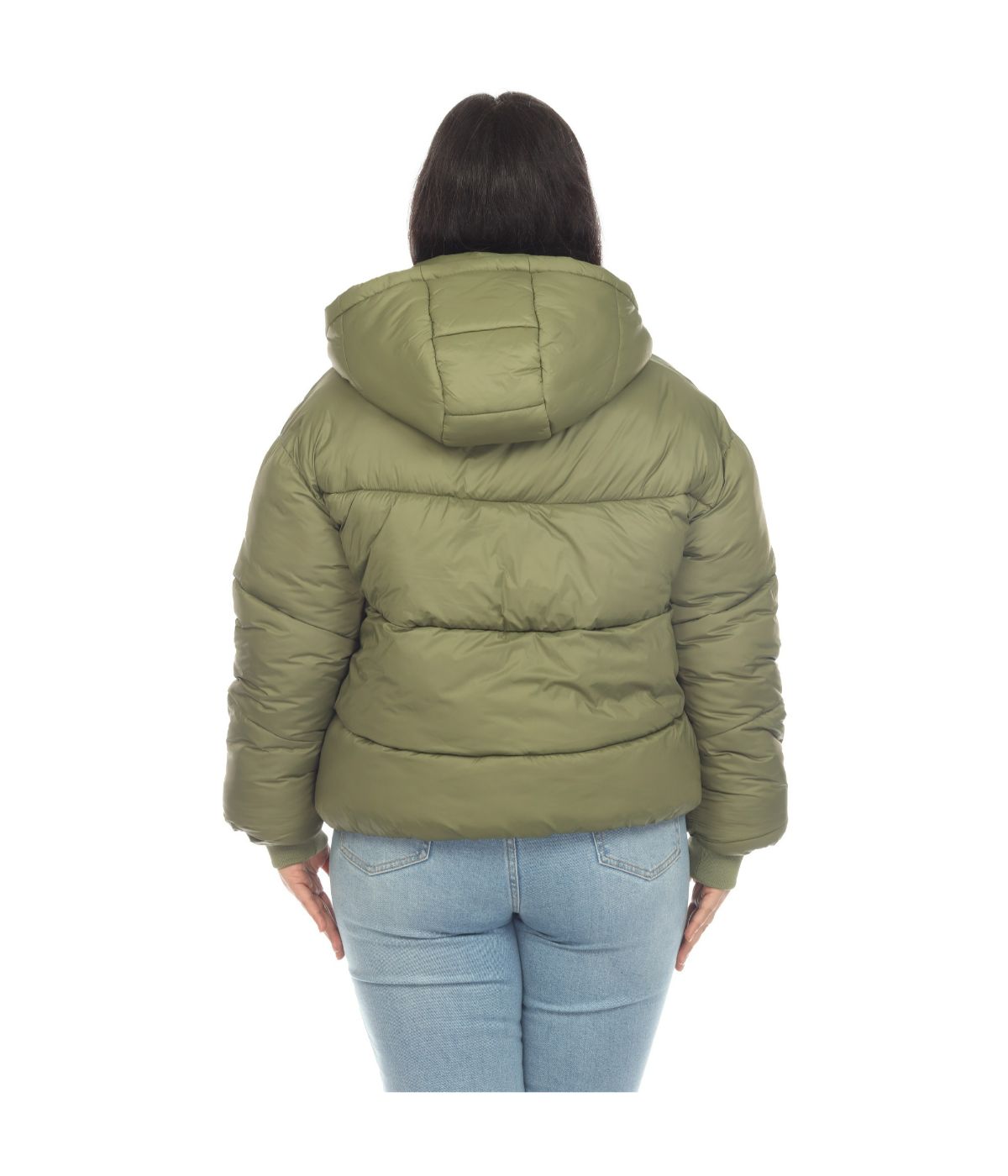 Plus Size Full Front Zip Hooded Bomber Puffer Coat Olive