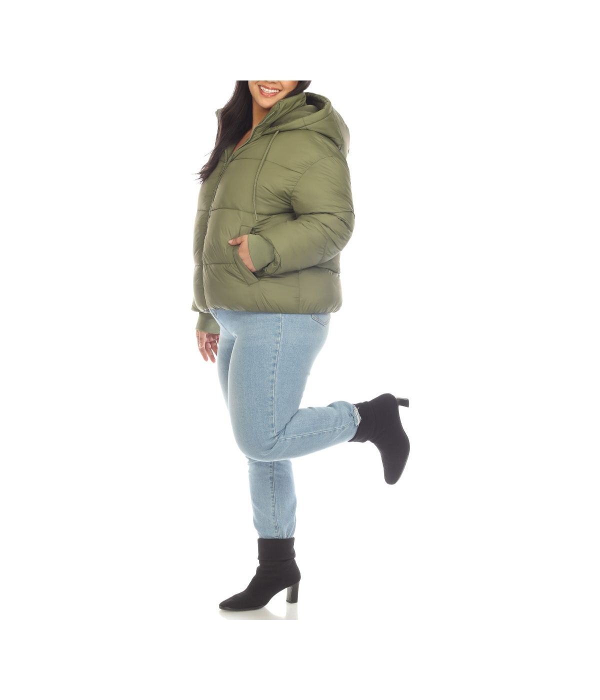 Plus Size Full Front Zip Hooded Bomber Puffer Coat Olive