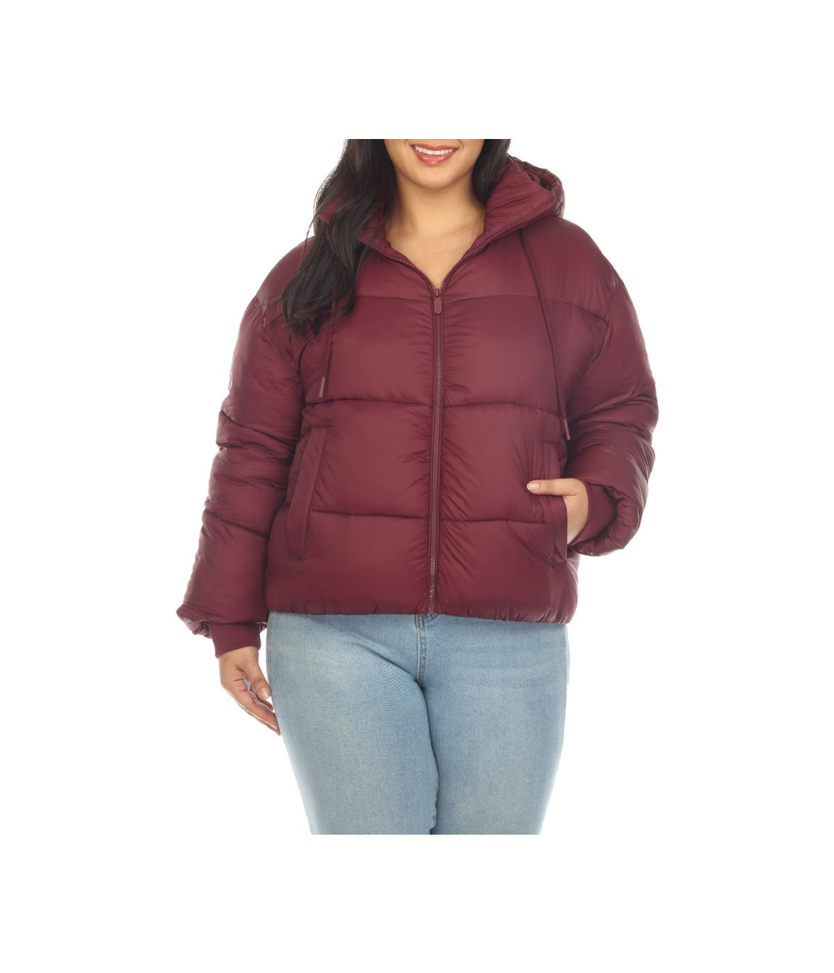 Plus Size Full Front Zip Hooded Bomber Puffer Coat Burgundy