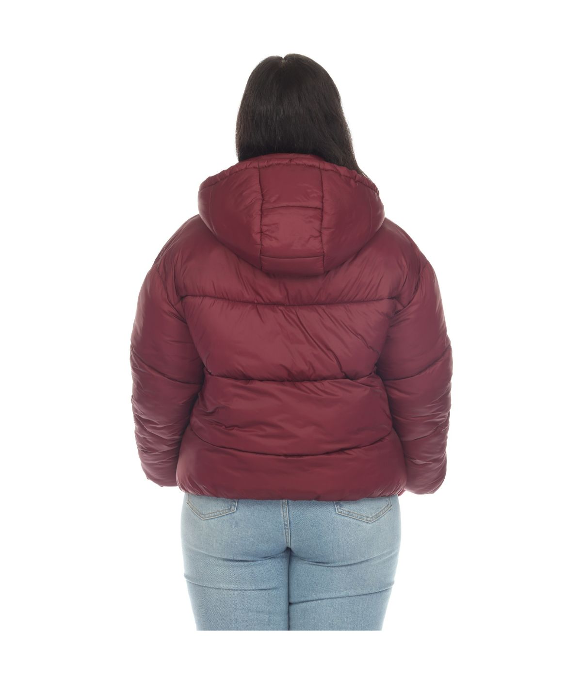 Plus Size Full Front Zip Hooded Bomber Puffer Coat Burgundy