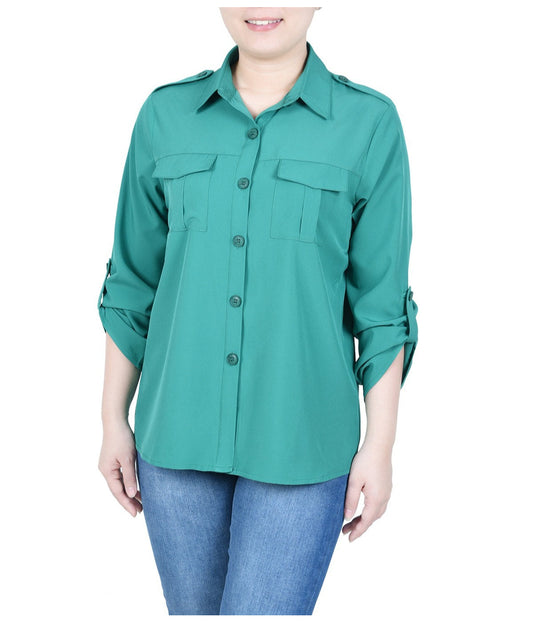 Petite 3/4 Sleeve Roll Tab Blouse