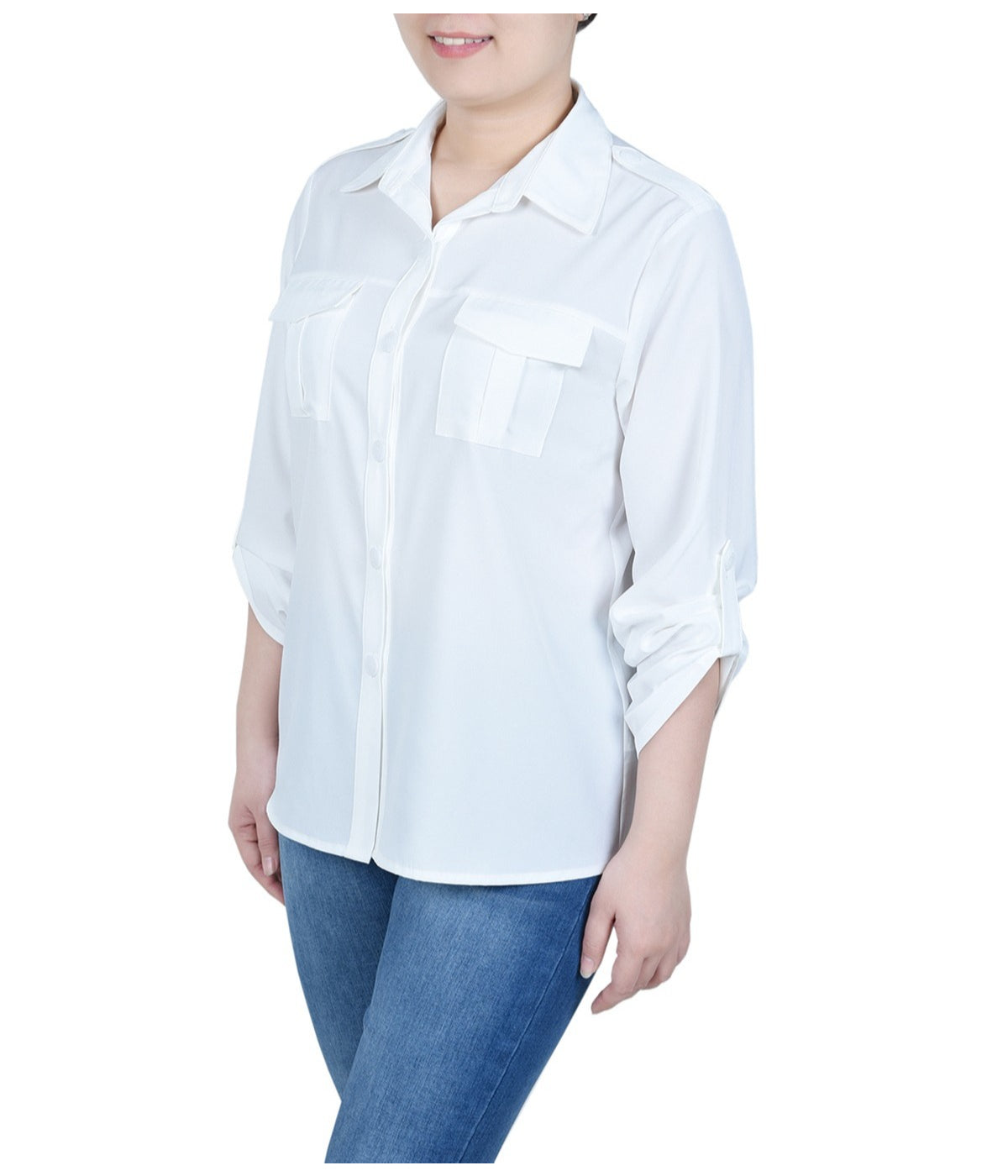 Petite 3/4 Sleeve Roll Tab Blouse