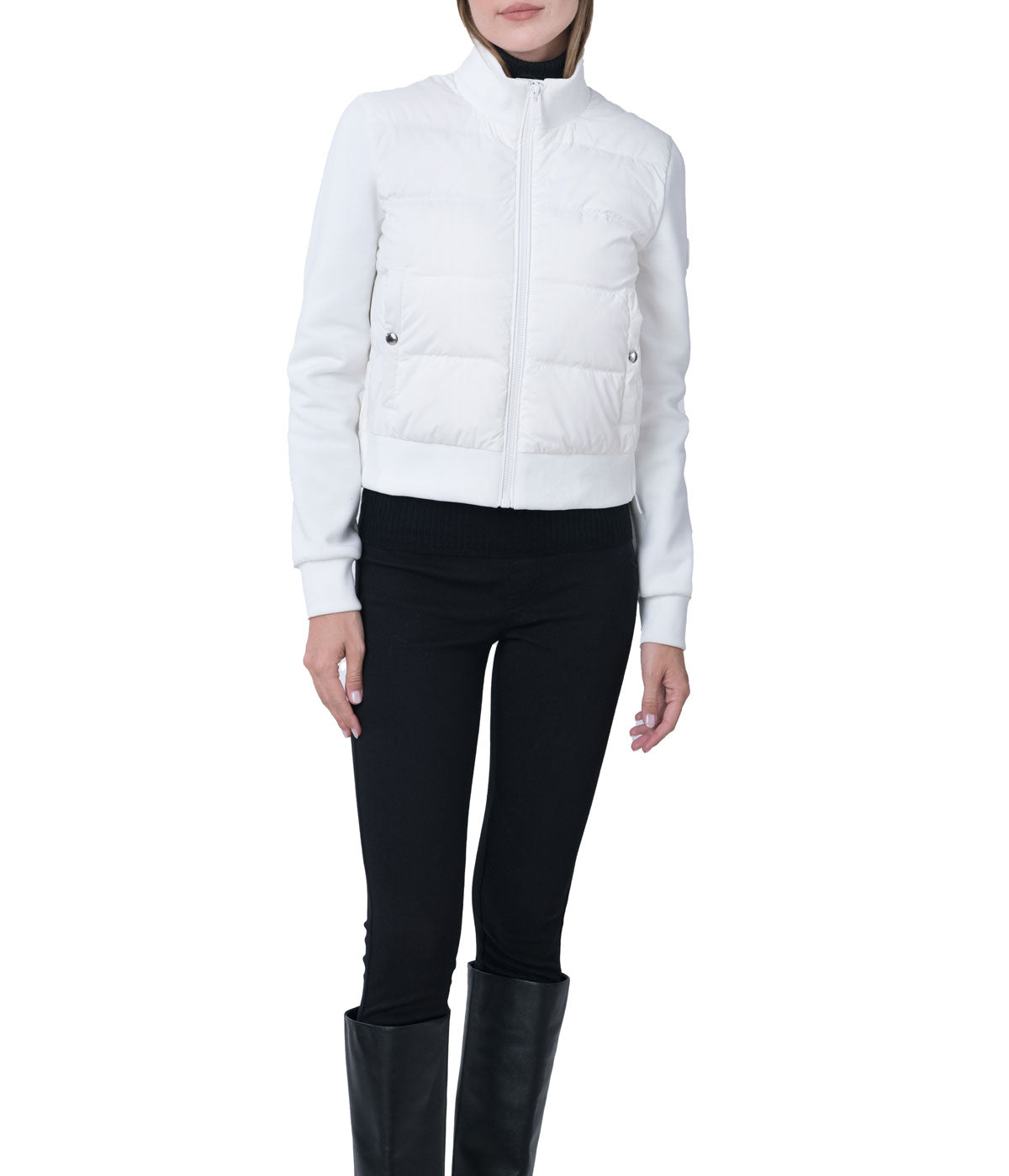 Nina 19.5" Recycled Poly And Perfomance Pique Zip Front Cropped Blouson Jacket White