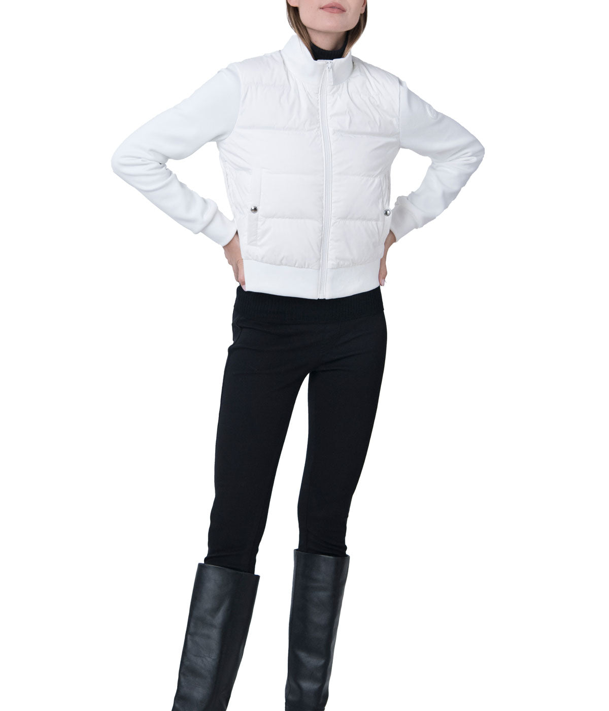 Nina 19.5" Recycled Poly And Perfomance Pique Zip Front Cropped Blouson Jacket White