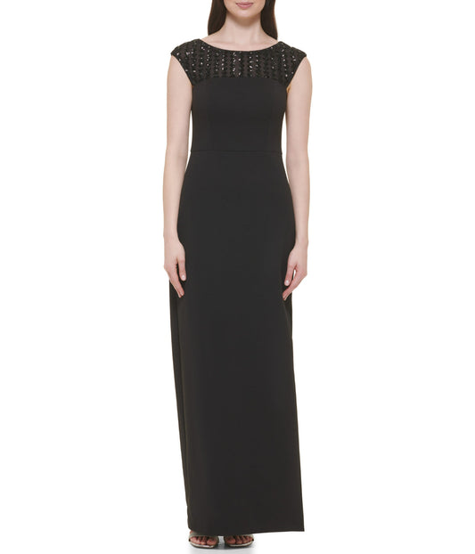 Cap Sleeve Boat Shape Illusion Neck Gown W/ Side Slit Black Gold