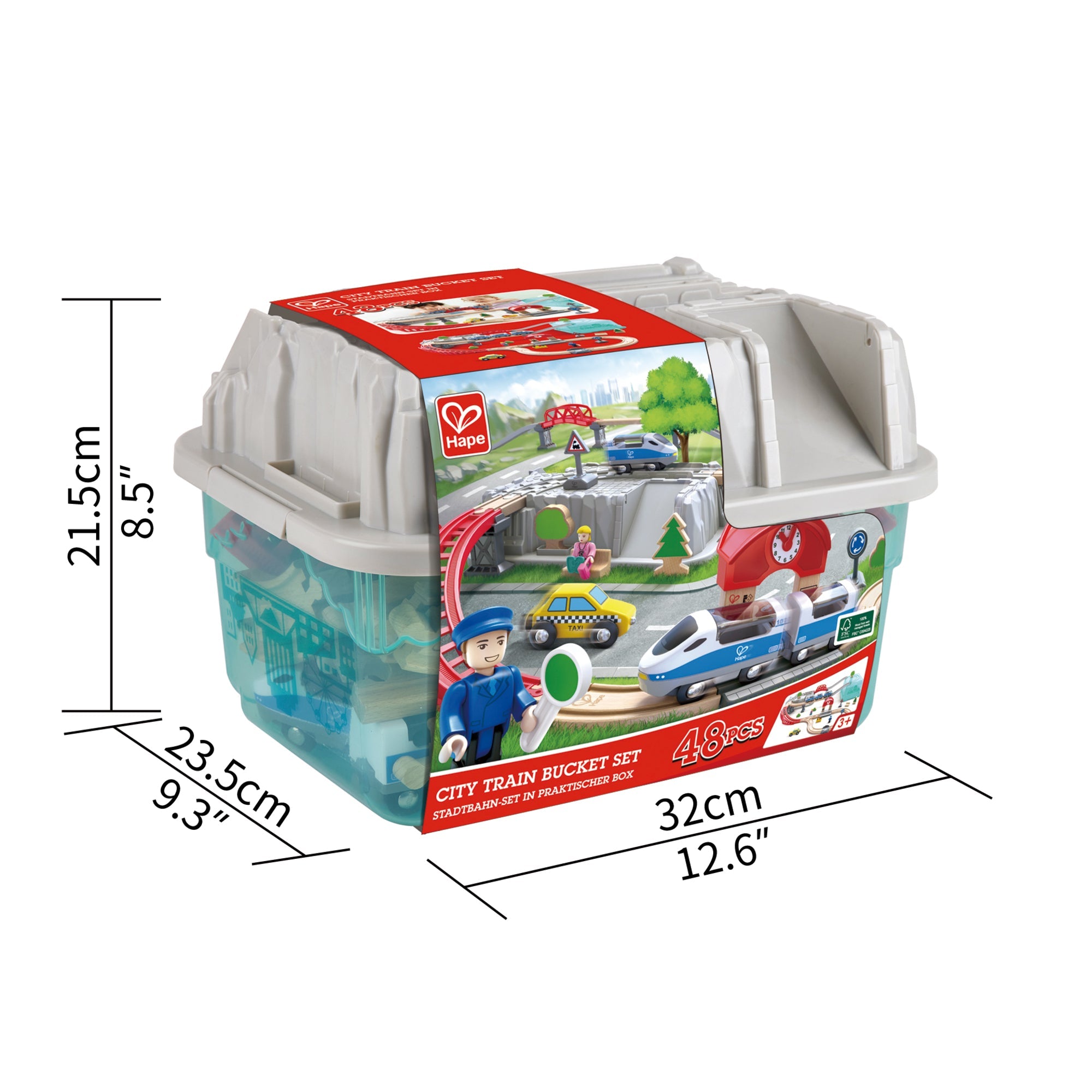 Hape Wooden City Train Railway Bucket Playset, 48 Pieces