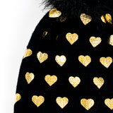 Mini Foil Print Heart Faux Fur Pom Beanie